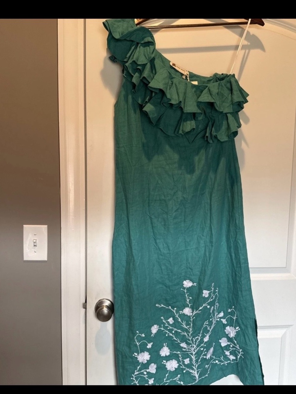 Fanm Mon One-Shoulder Olivia Linen Teal Ruffle Dress w/ White Floral Embroidery